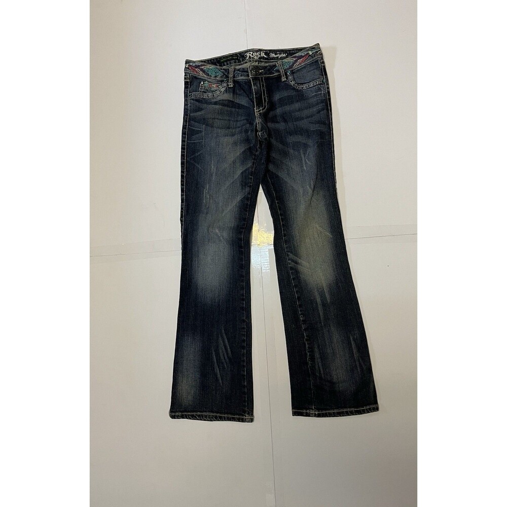 Rock 47 by Wrangler Ultra Low Rise Embroidered Bootcut Jeans Size32x32 Dark Wash